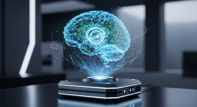 A hovering holographic brain model rests on a sleek dark gray device, showcasing advanced technology and futuristic design.