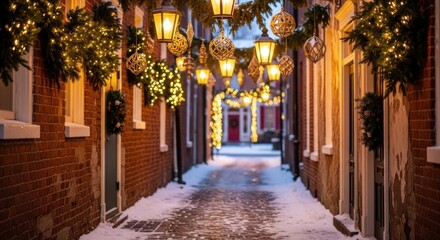 Obraz premium Charming Snowy Alley Decorated for Festive Holidays