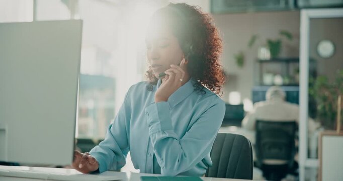 Woman, computer and talking on headset in call center for customer service, online query or advice. Coworking, friendly agent or consulting with technology for account management, assistance or flare
