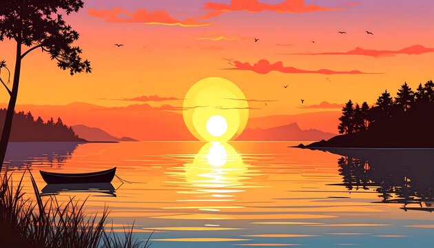 A serene lake landscape at sunset, featuring a placid body of water reflecting a vibrant orange and yellow sun, with silhouettes of trees and a small boat on the shore. - Powered by Adobe