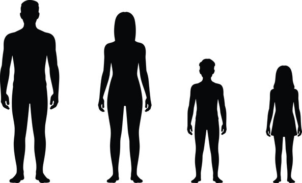 Silhouette, Family, Man, Woman, Boy, Girl, Standing, Height Comparison, Black Figures, White Background, Children, Adults, Gender, Age, Minimal, Isolated, People, Shape, Outline, Contrast