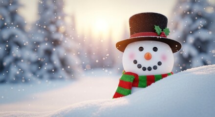 Obraz premium A cheerful snowman, adorned with a festive scarf, smiles warmly against a backdrop of snowy winter scenery.