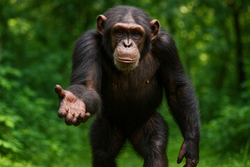 Photorealistic chimpanzee in lush green jungle reaching out hand detailed fur
