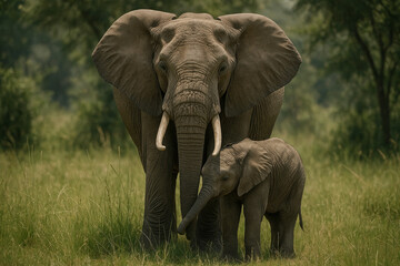 Fototapeta premium Majestic african elephant and calf in natural habitat majestic african elephant and calf together in the wild