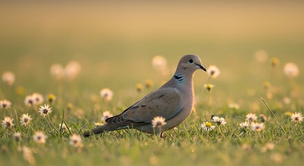 Obraz premium Dove in a field of wildflowers.