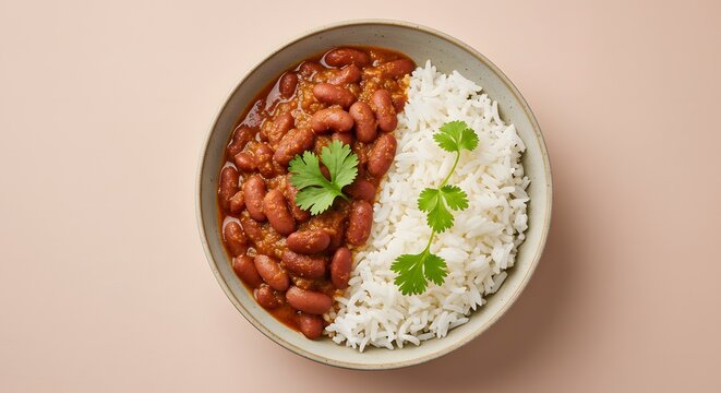 A delicious and hearty bowl of rajma chawal, a popular north indian dish featuring kidney beans cooked in a spiced tomato gravy served alongside fluffy basmati rice, garnished with fresh cilantro, pre