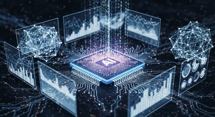 A complex microprocessor chip with overlaid data visualizations and network diagrams, illustrating the integration of Artificial Intelligence and data analysis.