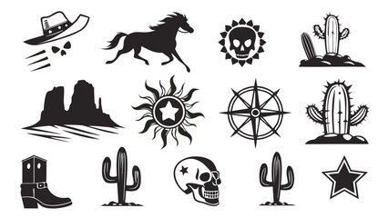 Wild west vector icons set featuring cowboy hat horse skull cactus boot compass and desert landscape icons