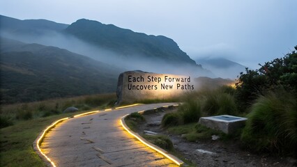 Glowing Mountain Path with Inspirational Quote on a Stone.