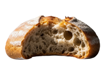 Extreme macro low-angle of a freshly baked artisan ciabatta loaf, dynamically torn, golden-brown crust, ultra-airy interior, steam rising, on transparent background, soft shadows. Concept of fresh