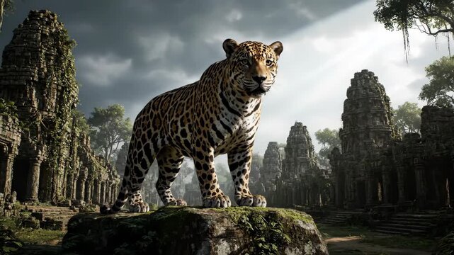 A powerful and majestic jaguar stands proudly on a mossy rock amidst the ancient and mysterious temple ruins of a lost civilization in a dense jungle

