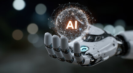 Android robot's hand holding a glowing digital AI ball, bokeh background. Concept of artificial intelligence, metaverse, cyberspace, futuristic digital technology.
