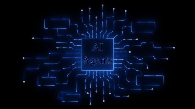 Close-up of glowing AI agent microchip on circuit board with digital neon elements. Ai tools or neon box. Multi agent AI systems concept on transparent background.