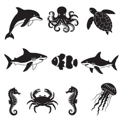 Fototapeta premium Collection of aquatic animal silhouettes including dolphin shark octopus turtle clownfish crab seahorse jellyfish silhouette