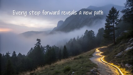 Glowing Winding Path Through Misty Mountain Landscape at Twilight.