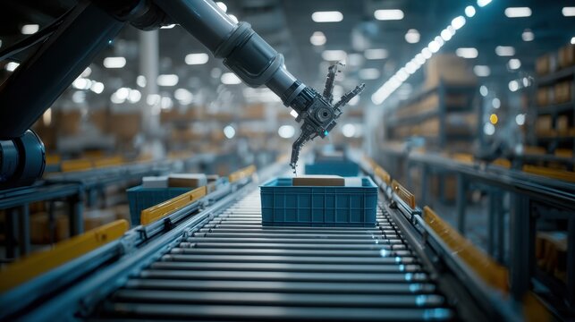 Medium shot of a robotic arm precisely sorting small bins on conveyor belts in a warehouse with the background shelves softly blurred.