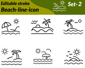 Beach icon character designed with sand, waves, and a palm tree, featuring details like sun umbrella. or beach ball to represent relaxation and summer vibes. Illustrated in a clean flat vector style.