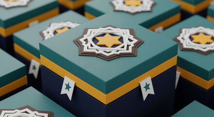 Stylized gift boxes adorned with Islamic star patterns