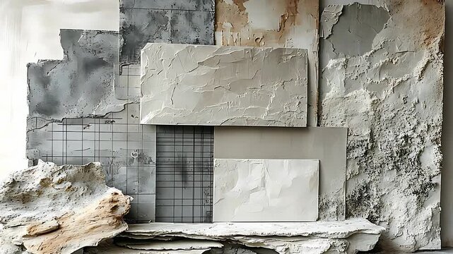 Stone and concrete samples are displayed on a rock base, showcasing various textures and colors.