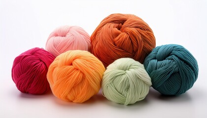 artful yarn pom poms on a white background for creative inspiration isolated on white background