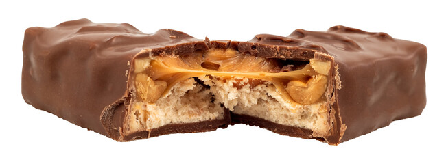 Bar with peanuts, hazelnuts, caramel and chocolate on a white background. View from above. Nut bar isolate. Sugar