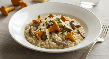Fototapeta premium Elegant mushroom risotto with chanterelles and parmesan shavings captures culinary artistry