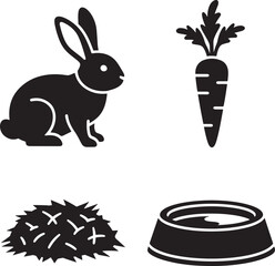 Obraz premium Black and White Pet Rabbit Essentials Vector Illustration Cute Bunny Carrot Food Water and Bedding