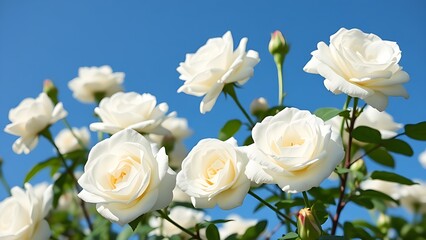 Fototapeta premium Close-up of white roses in full bloom against a vibrant blue sky.