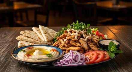 Delicious chicken shawarma platter served with hummus, pita bread, fresh salad, and garlic sauce, a popular middle eastern street food