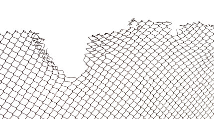 The texture of the metal mesh on a white background. Torn steel, metal mesh with holes