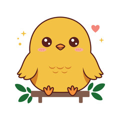 Fototapeta premium Cute Yellow Chick Cartoon Illustration Adorable Baby Bird on Branch Kawaii Animal Graphic