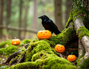 Spooky Forest Scene with Raven and Jack-o'-Lanterns