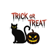 Trick or treat  typography with Halloween cat with pumpkin vector design
