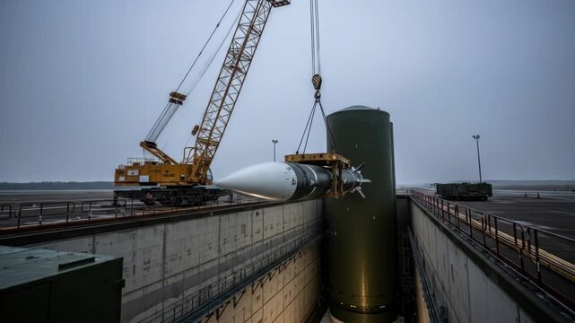 Crane lowering missile into silo. Military industrial complex with technology and missile defense system.