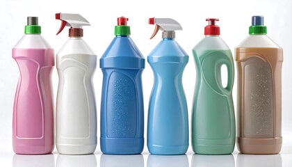 Colorful plastic cleaning bottles in various shades of pink, blue, teal, and brown stand in a row against a white background.