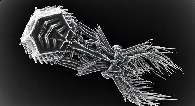 Scientific micrograph of a complex snow crystal, a rare formation of a capped column with radiating dendrites on a black background