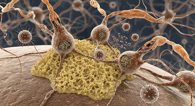Scientific visualization of beta-amyloid plaque accumulation causing the degeneration of neurons in the brain, a key factor in neurodegenerative disease