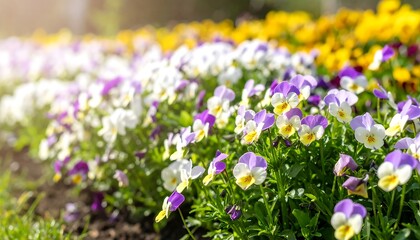 Obraz premium Vibrant pansies in a garden bed, bathed in sunlight, showcasing a variety of colors and textures