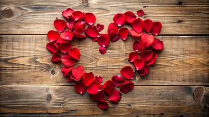 Red rose petals forming heart shape on rustic wood background
