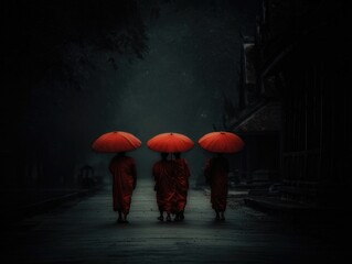 Obraz premium Winning photography group of priests walking along a misty path under red umbrellas