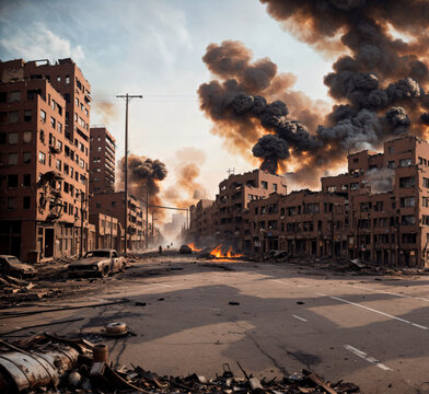 Destroyed city street with smoke and fire