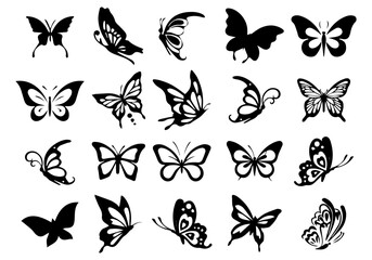 Silhouettes of butterflies. Black pictures of funny butterflies. Insect butterfly black silhouette, winged gorgeous animal, vector illustration