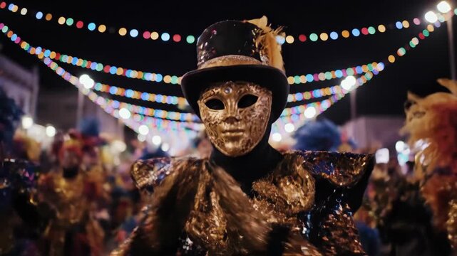 A mysterious person in an elegant golden masquerade mask and a sparkling costume stands in a crowded and festive street carnival at night surrounded by colorful lights

