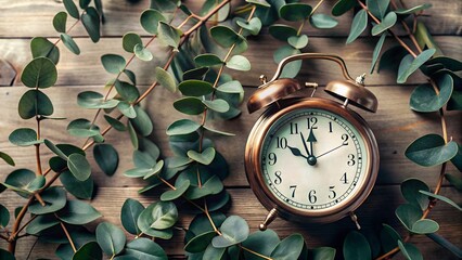Vintage Alarm Clock Surrounded by Eucalyptus on Wooden Background
