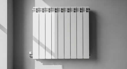 A clean, modern white radiator is mounted on a simple gray wall. Sunlight streaming in from a window creates stark shadows, highlighting the vertical lines and sleek design of the heating unit