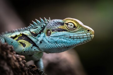 Obraz premium a vibrant blue lizard perched on tree branch with striking eyes