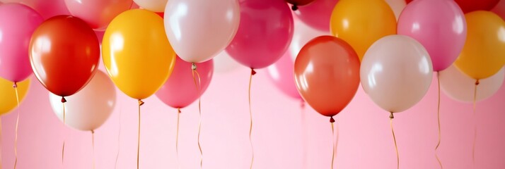 Colorful balloons floating on pink background celebrating a party
