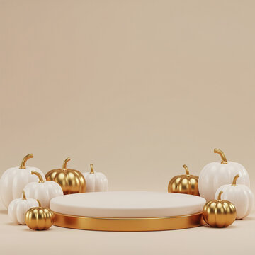 Elegant Gold and White Pumpkins on Podium 3D rendering 3D illust
