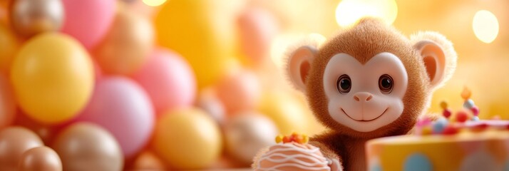 Cute monkey celebrating birthday with cupcake and cake