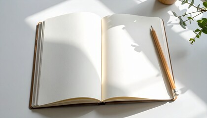 Cuaderno abierto con p&aacute;ginas en blanco iluminadas por luz natural suave, un l&aacute;piz al costado.